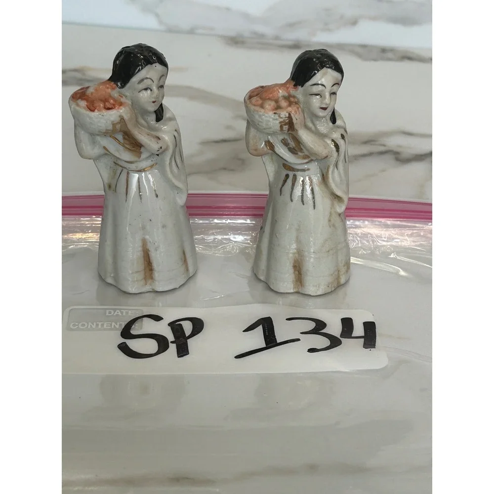Vintage Ceramic Salt and Pepper Shakers Asian Women with Fruit Baskets Gold Trim